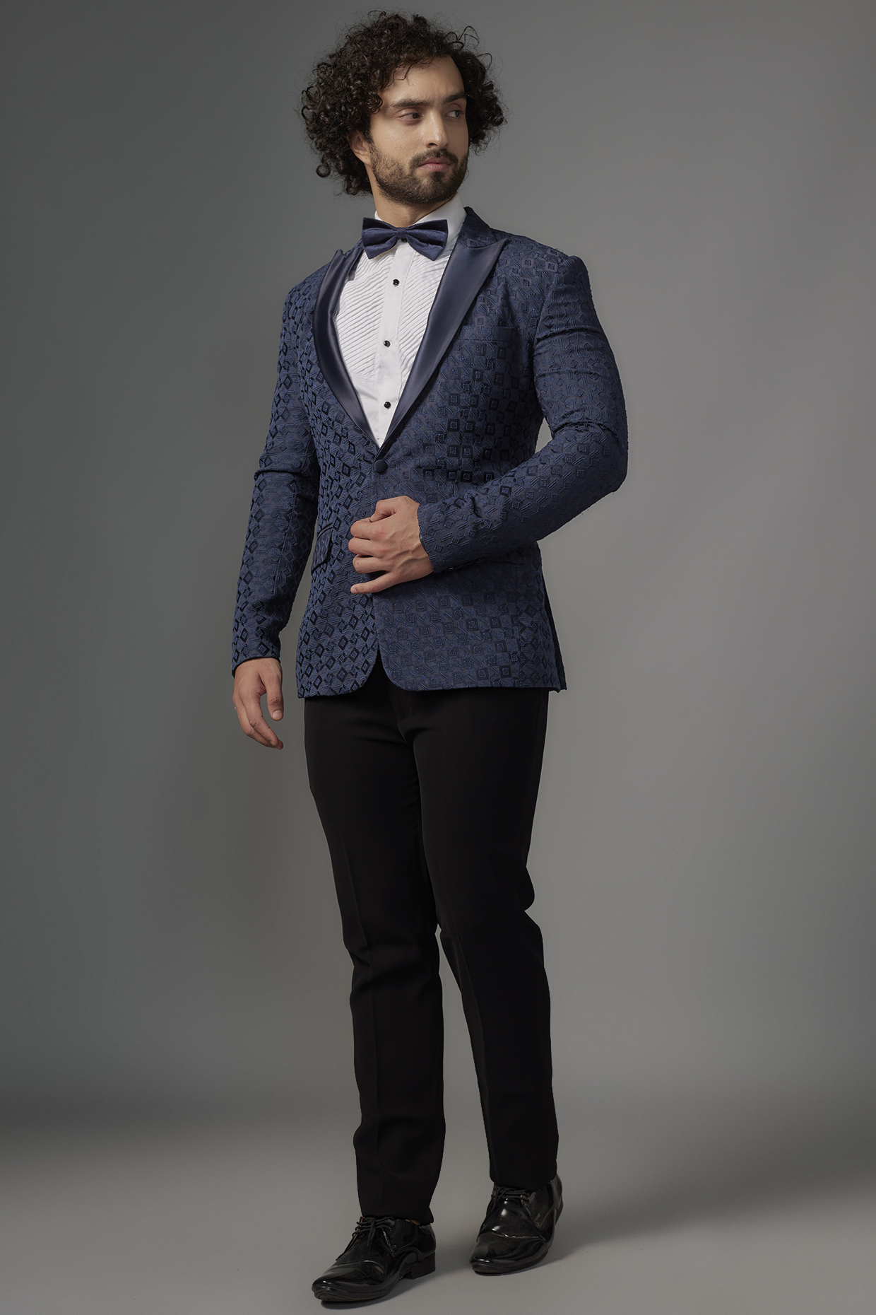 Blue Jacquard Tuxedo Set by SVEN SUITS at Pernia's Pop Up Shop