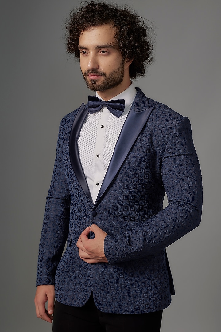 Blue Jacquard Tuxedo Set by SVEN SUITS at Pernia's Pop Up Shop