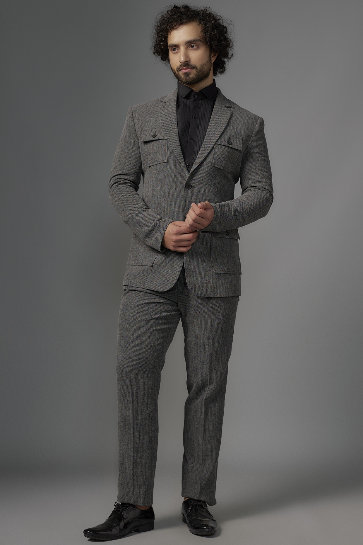 Grey & Black Stretch Tweed Suit Set by SVEN SUITS
