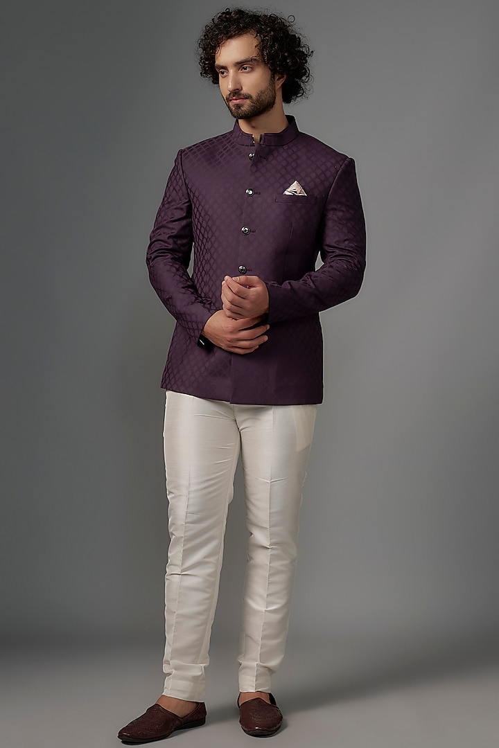 Imperial Purple Jacquard Bandhgala Set by SVEN SUITS