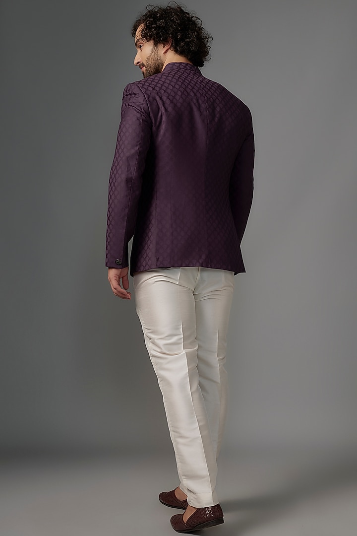 Imperial Purple Jacquard Bandhgala Set by SVEN SUITS at Pernia's Pop Up Shop
