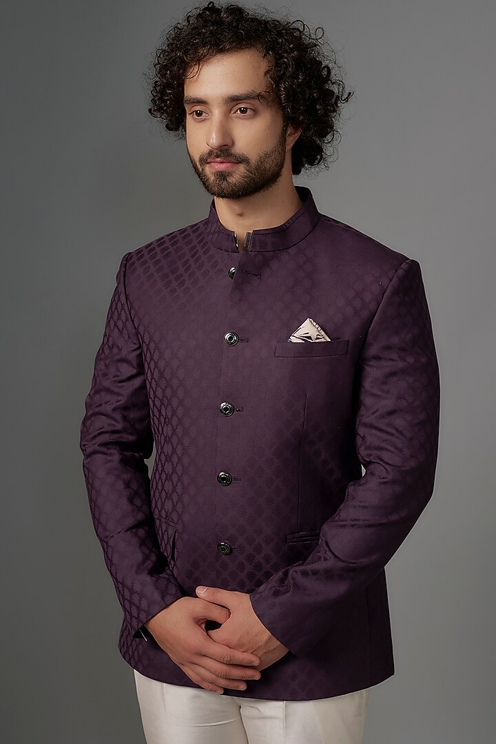 Imperial Purple Jacquard Bandhgala Set by SVEN SUITS at Pernia's Pop Up Shop