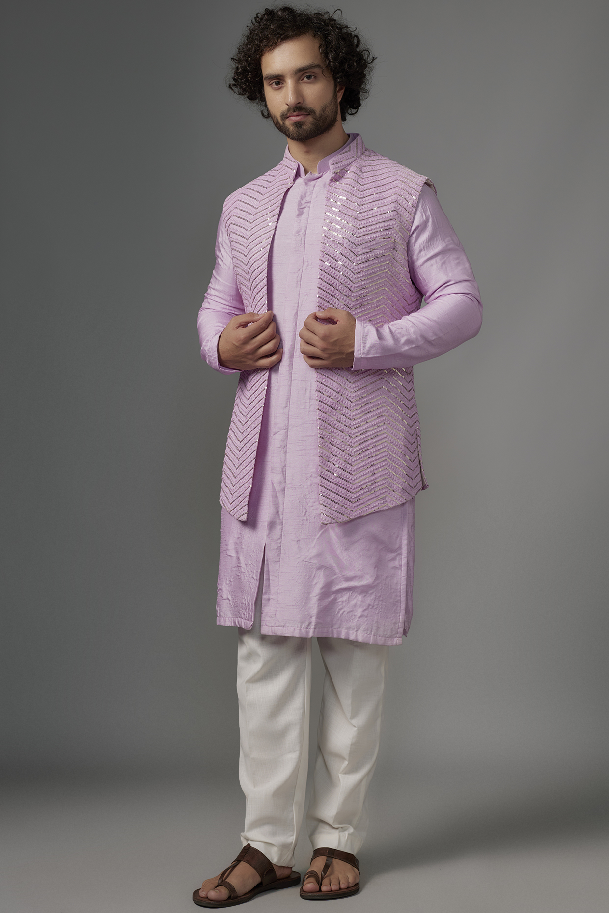 Lilac Faux Silk Sequin Embroidered Bundi Jacket Set by SVEN SUITS