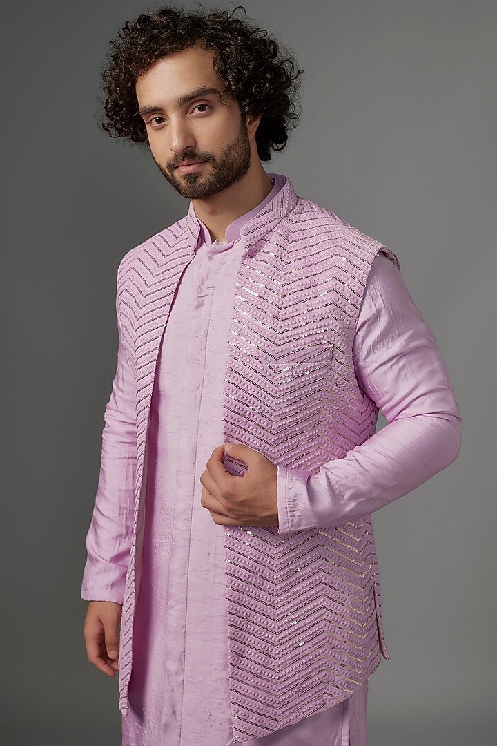 Lilac Faux Silk Sequin Embroidered Bundi Jacket Set by SVEN SUITS at Pernia's Pop Up Shop