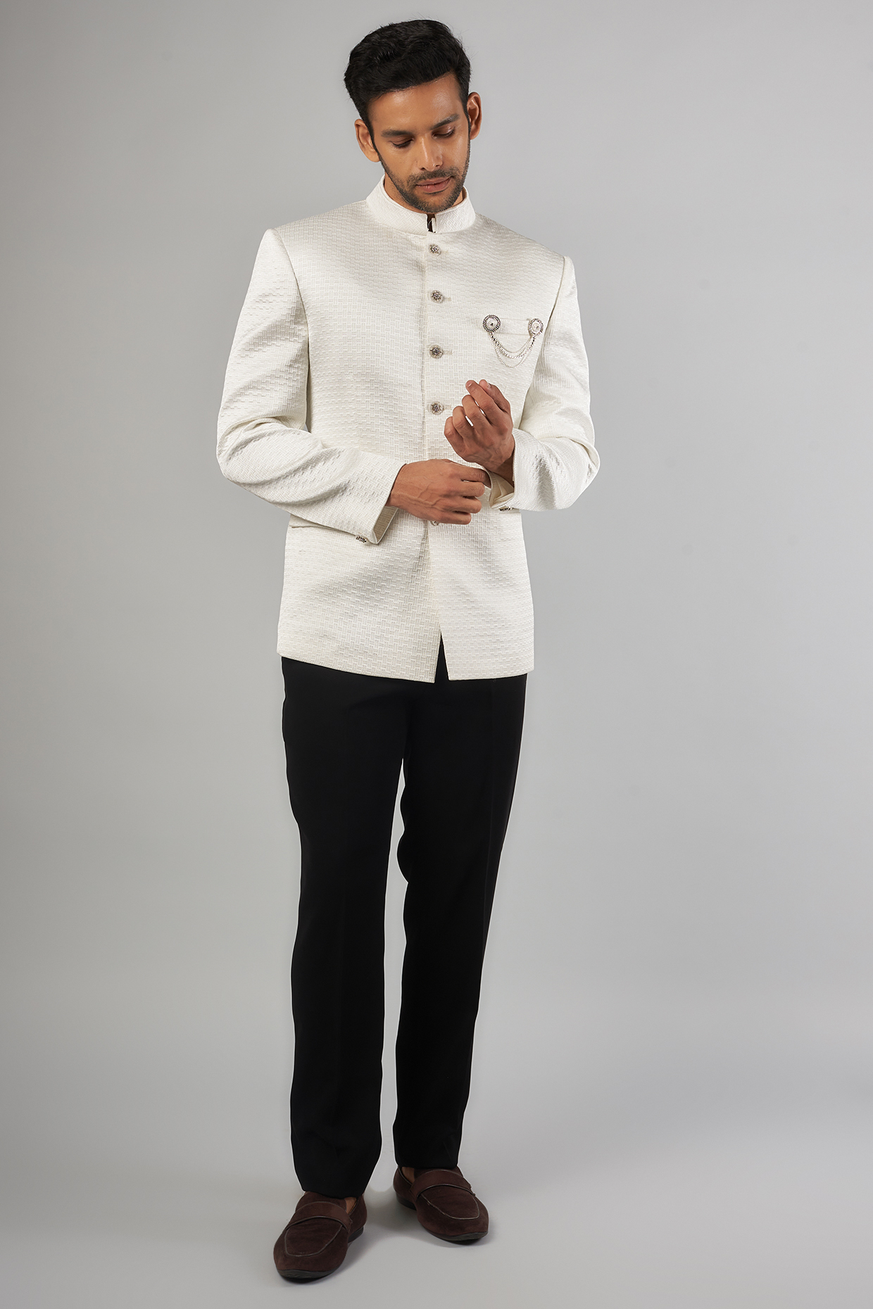 Pearl White Satin Jacquard Bandhgala Set by SVEN SUITS
