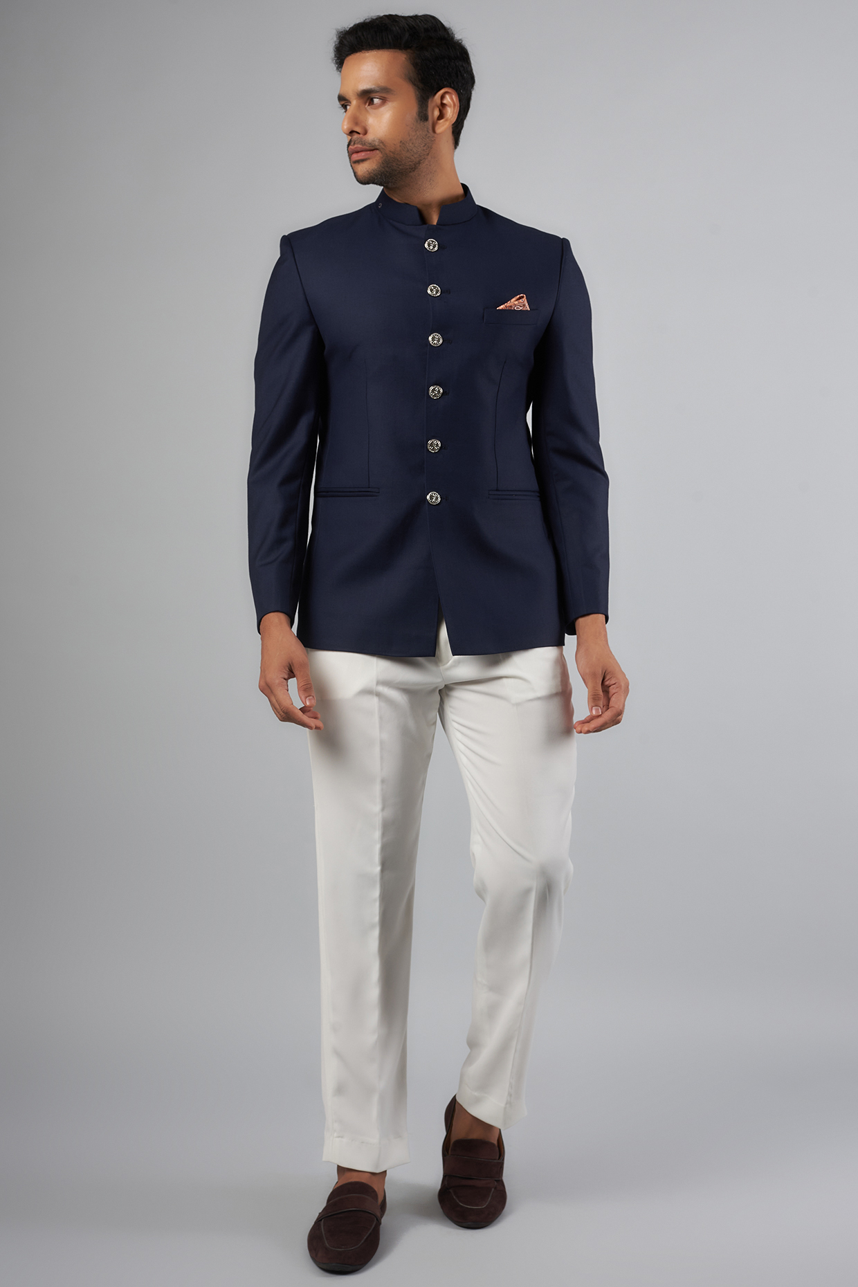 Navy Blue Poly Terry Rayon Jodhpuri Jacket Set by SVEN SUITS