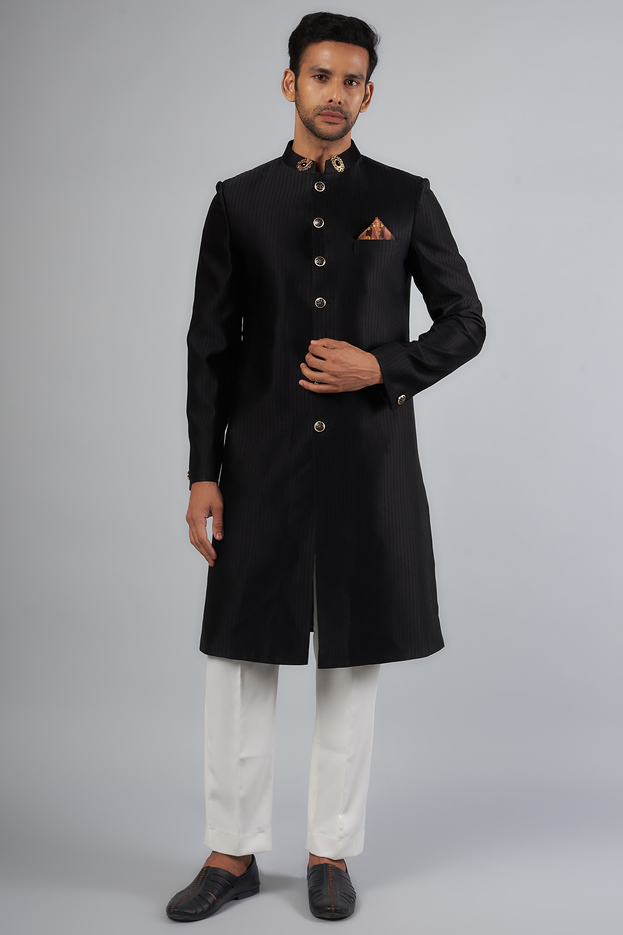 Black Satin Polyester Sherwani Set by SVEN SUITS
