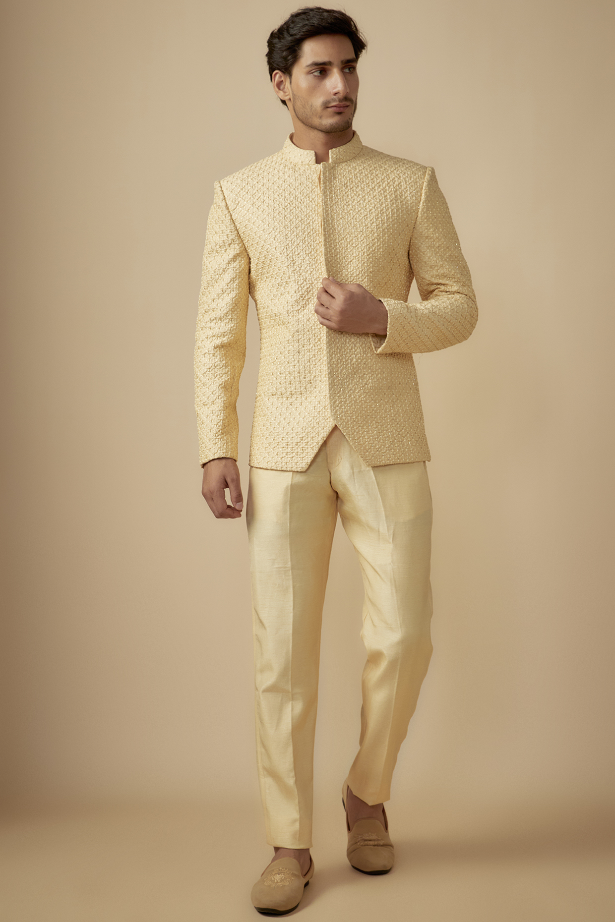 Cream Silk Hand Embroidered Jodhpuri Set by SVEN SUITS
