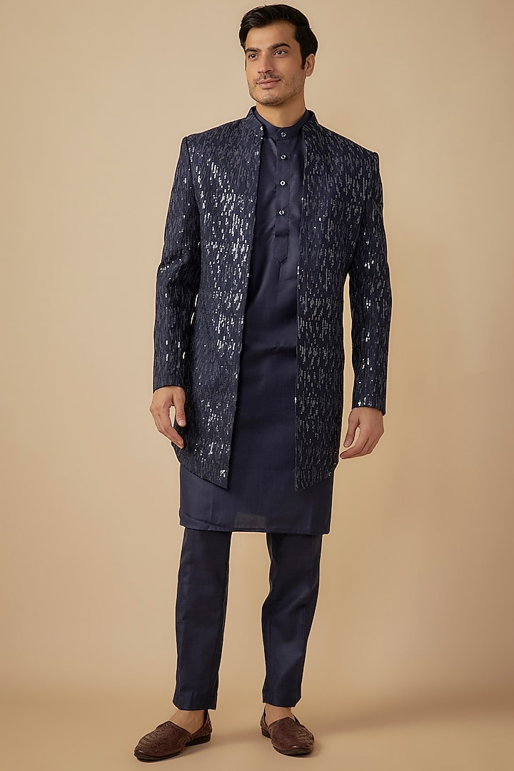 Blue Georgette Sequins Embroidered Wedding Indowestern Set by SVEN SUITS at Pernia's Pop Up Shop