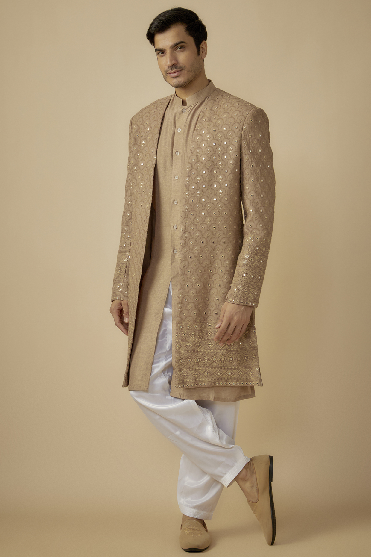 Beige Georgette Sequins Embroidered Indowestern Set by SVEN SUITS at Pernia's Pop Up Shop