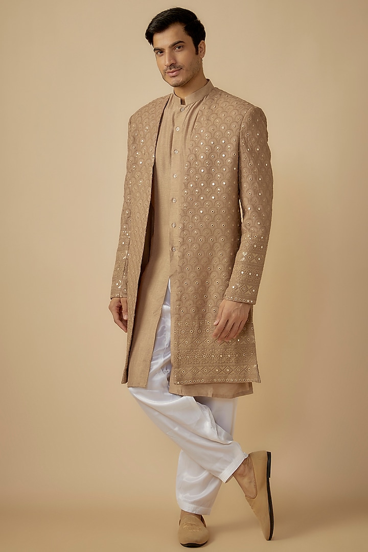 Beige Georgette Sequins Embroidered Indowestern Set by SVEN SUITS at Pernia's Pop Up Shop