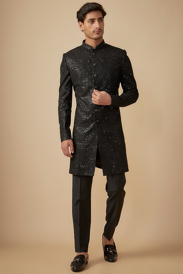 Black Silk Cutdana Embellished Sherwani Set by SVEN SUITS