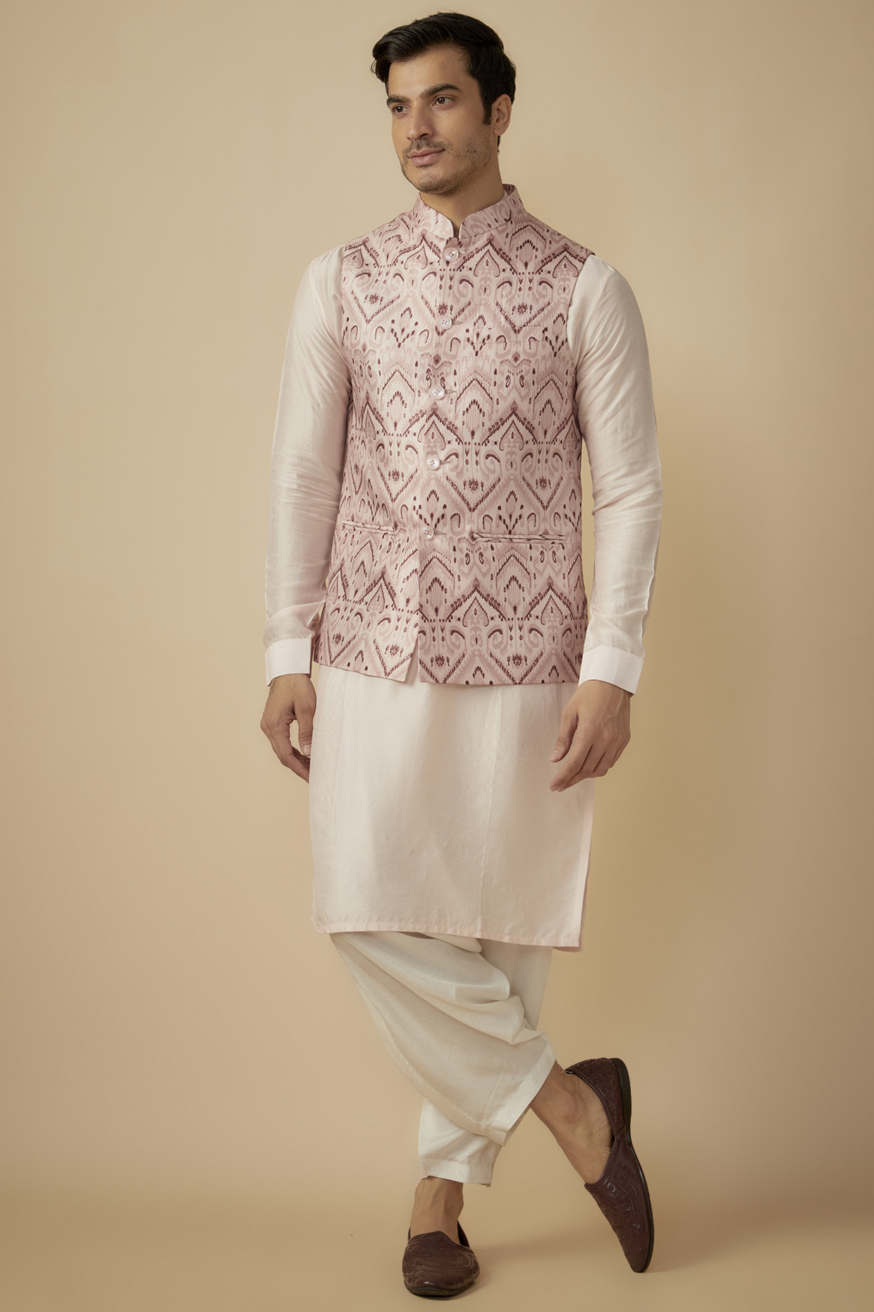 Mauve Pink Silk Printed Bundi Jacket Set by SVEN SUITS
