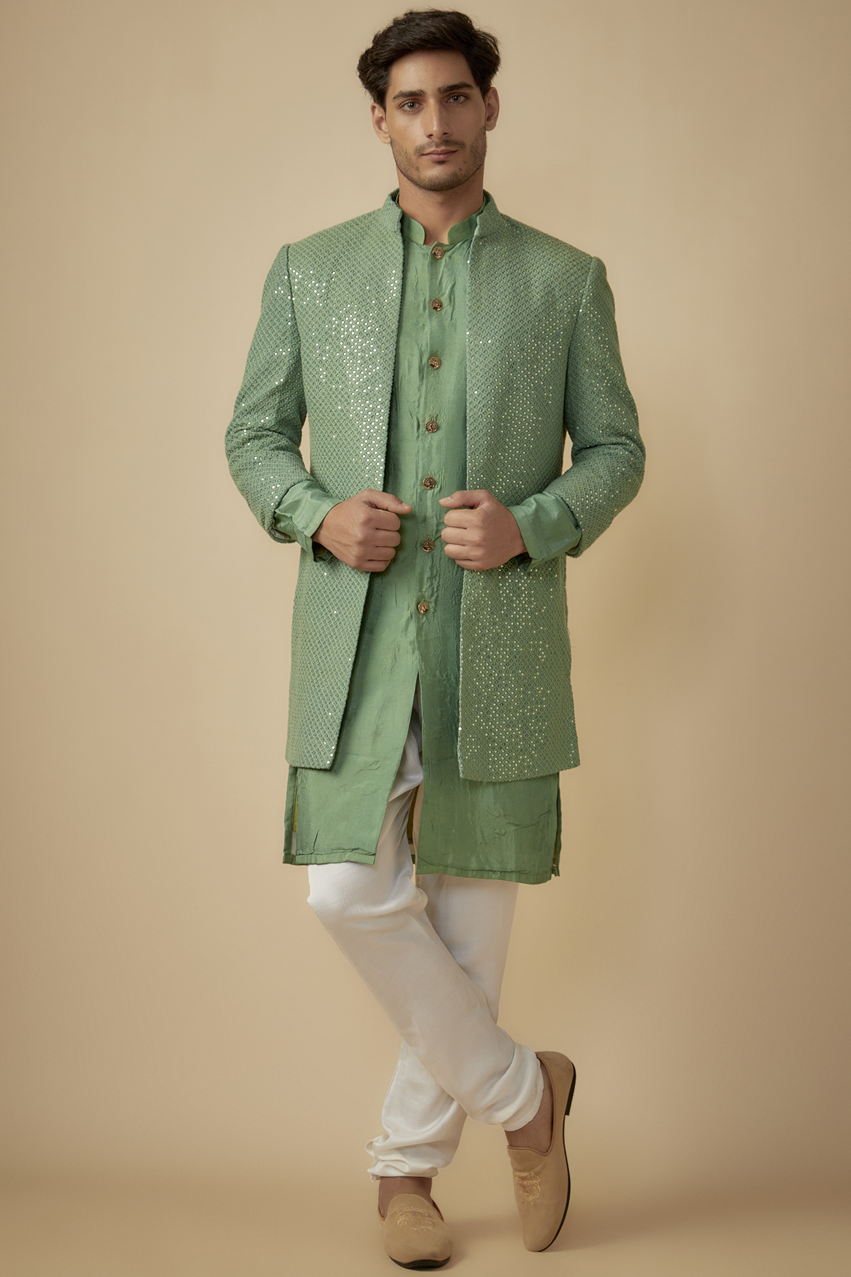 Green Georgette Sequins Embroidered Indowestern Set by SVEN SUITS at Pernia's Pop Up Shop