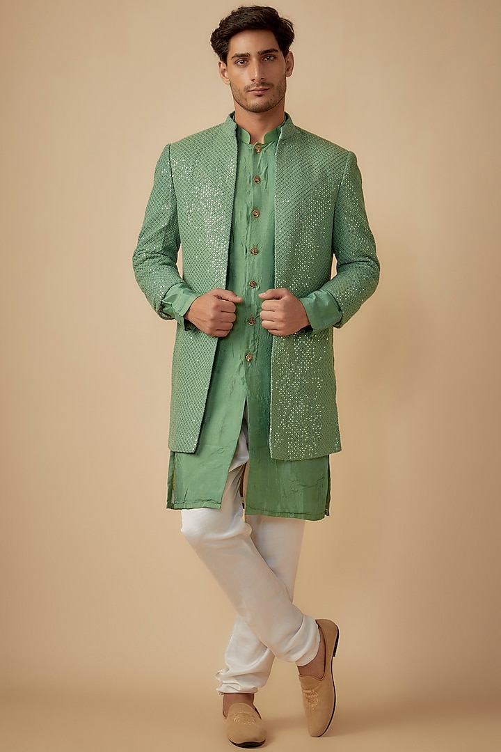 Green Georgette Sequins Embroidered Indowestern Set by SVEN SUITS at Pernia's Pop Up Shop
