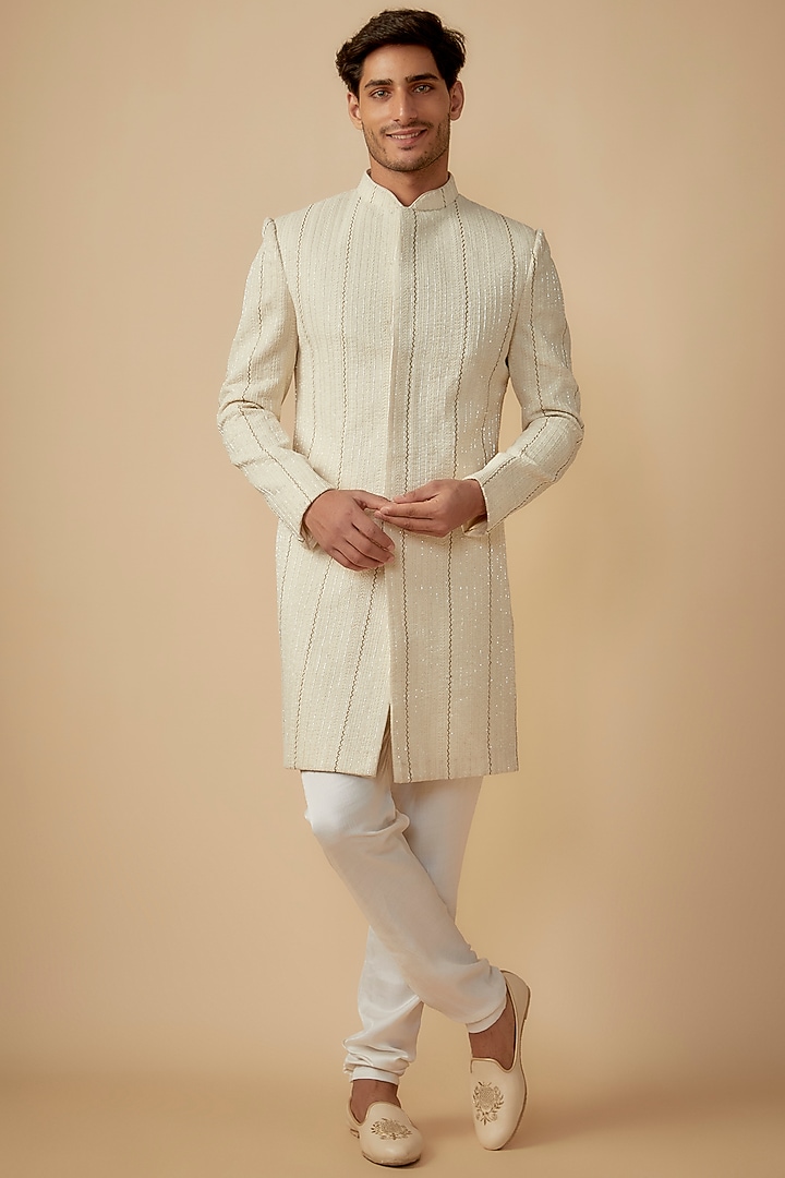 Cream Cotton Sequins Hand Embroidered Wedding Sherwani Set by SVEN SUITS at Pernia's Pop Up Shop