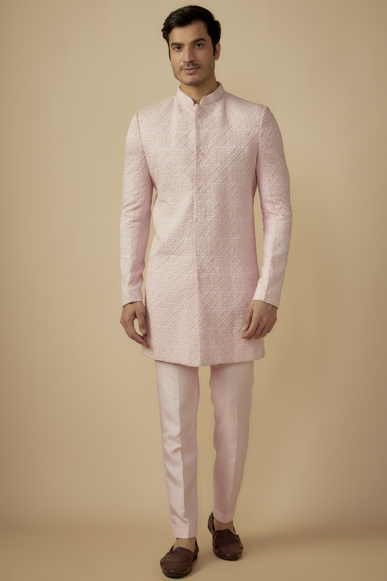 Pink Silk Cutdana Embroidered Sherwani Set by SVEN SUITS