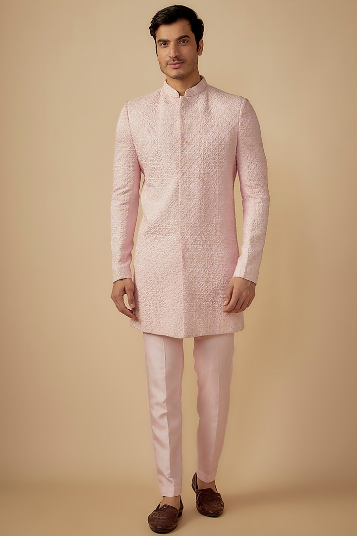 Pink Silk Cutdana Embroidered Sherwani Set by SVEN SUITS
