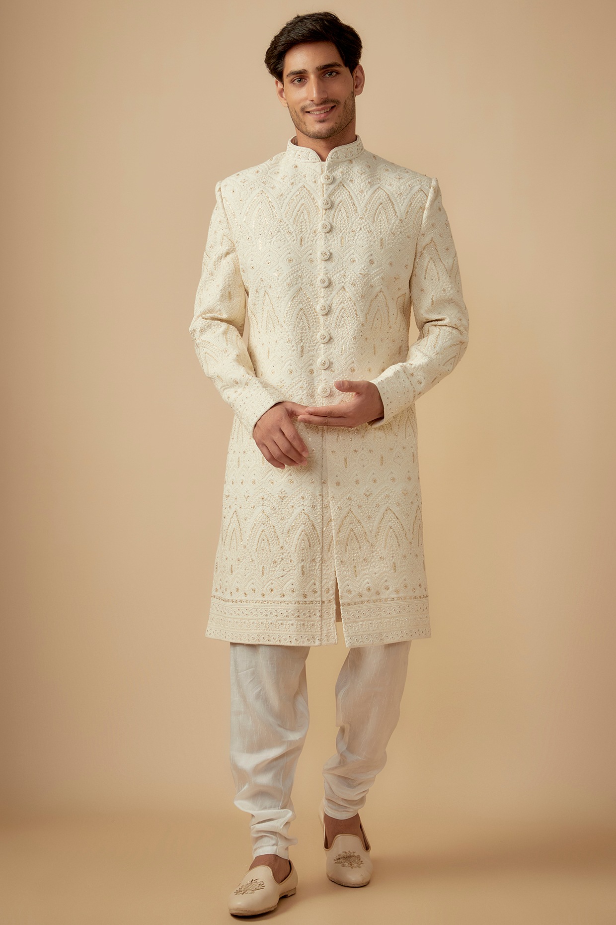 SVEN SUITS Cream Georgette Thread Hand Embroidered Sherwani Set