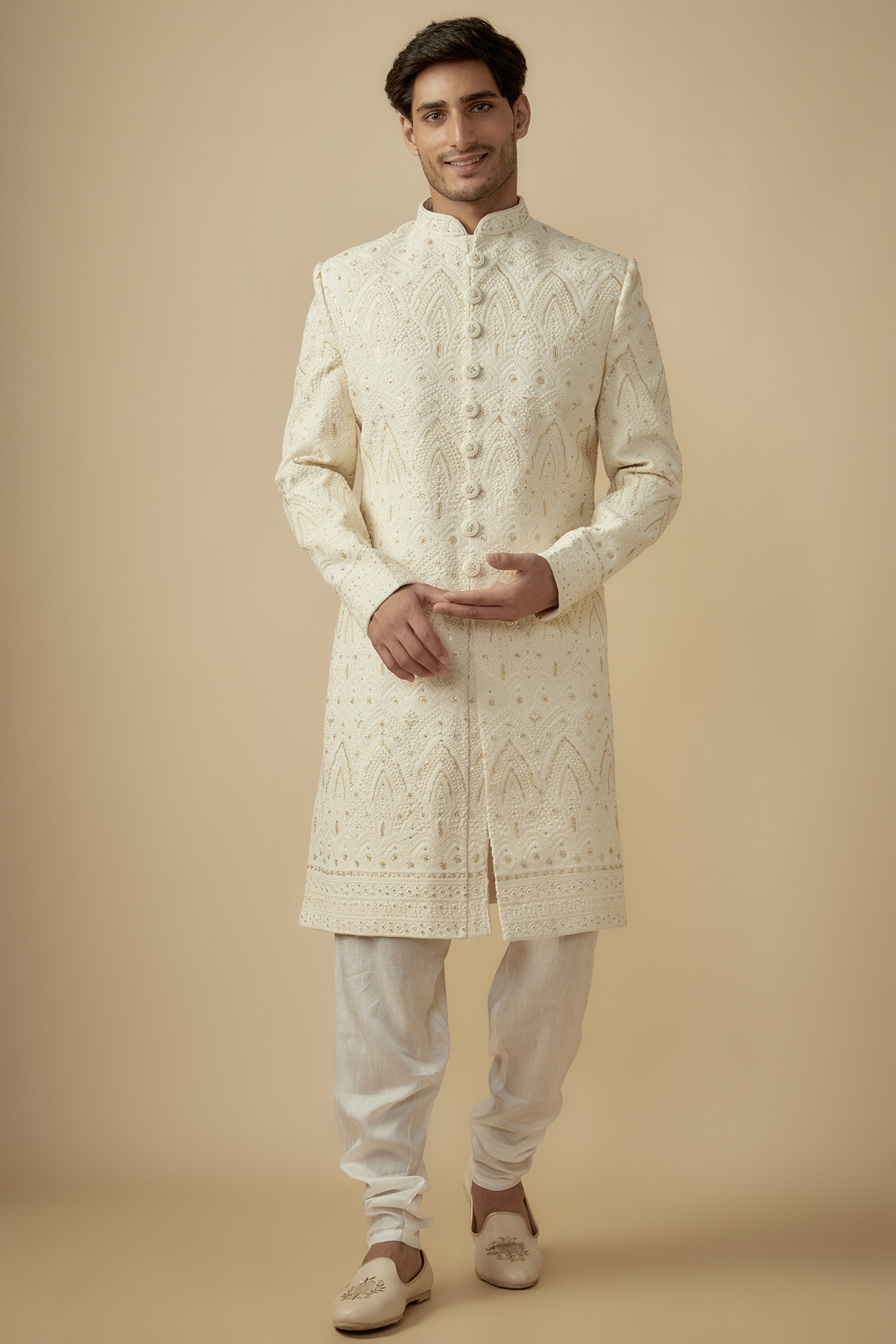 Cream Georgette Thread Hand Embroidered Wedding Sherwani Set by SVEN SUITS at Pernia's Pop Up Shop
