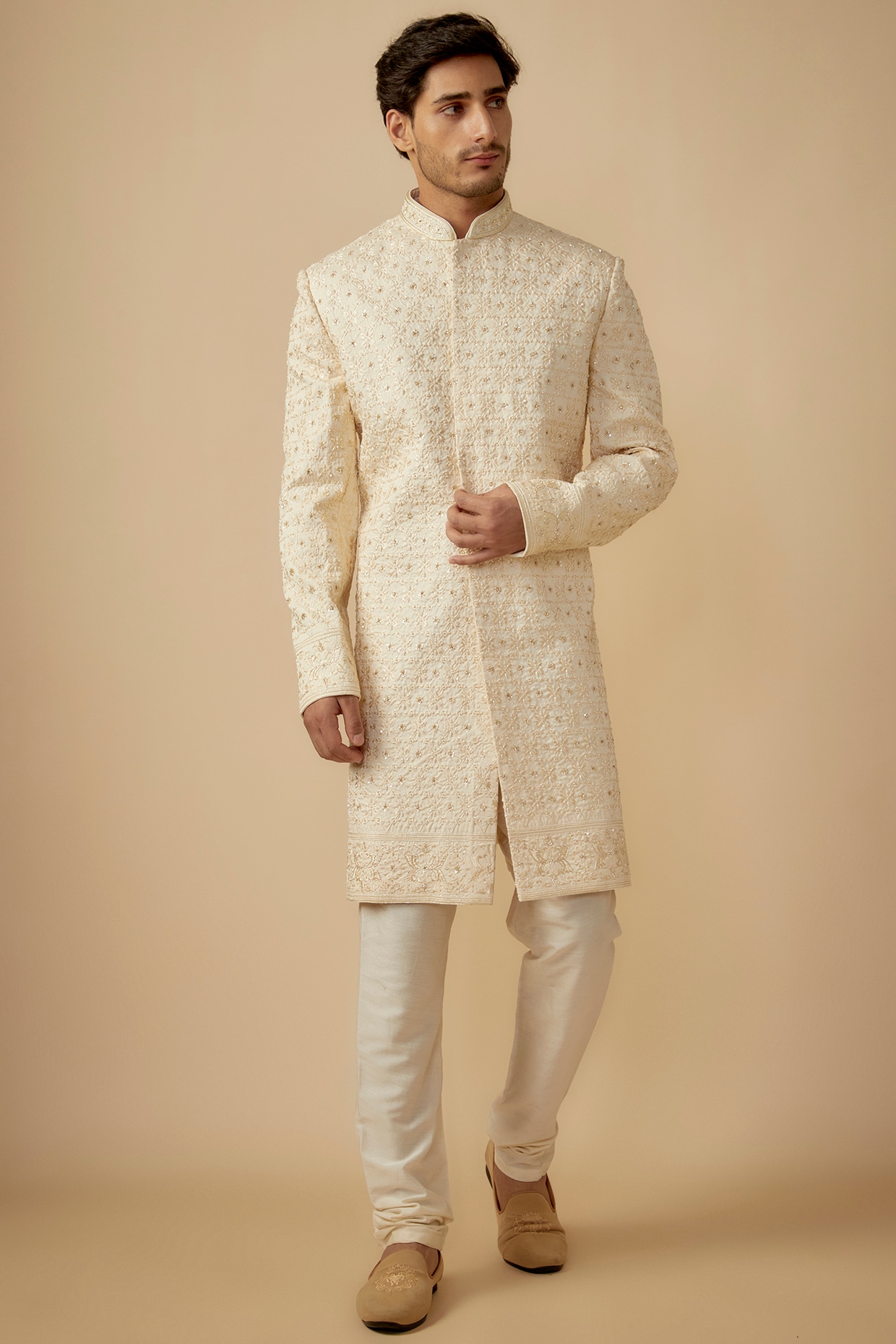 SVEN SUITS Cream Silk Jaal Hand Embroidered Sherwani Set