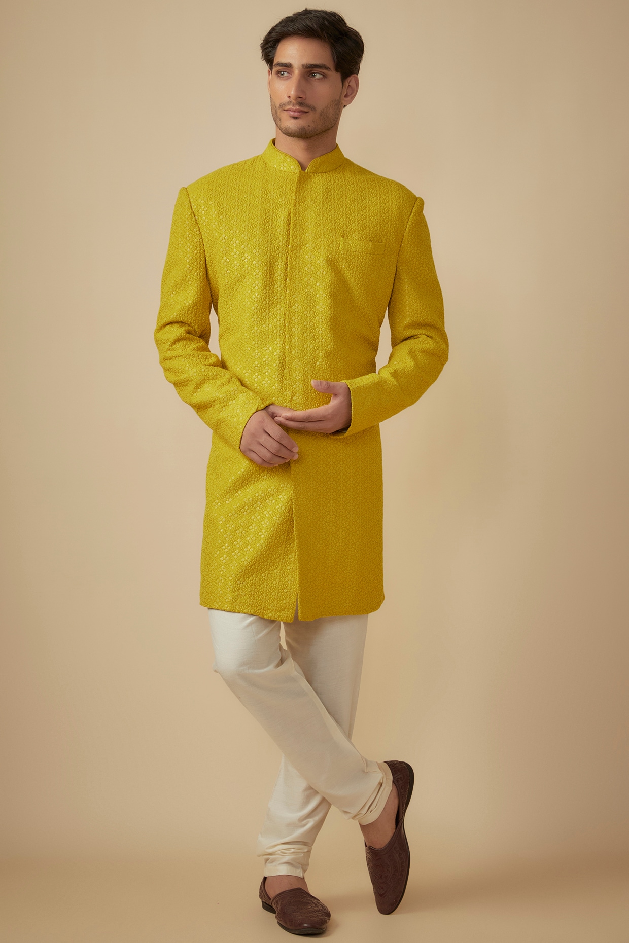 SVEN SUITS Mustard Yellow Silk Sequins Embroidered Sherwani Set