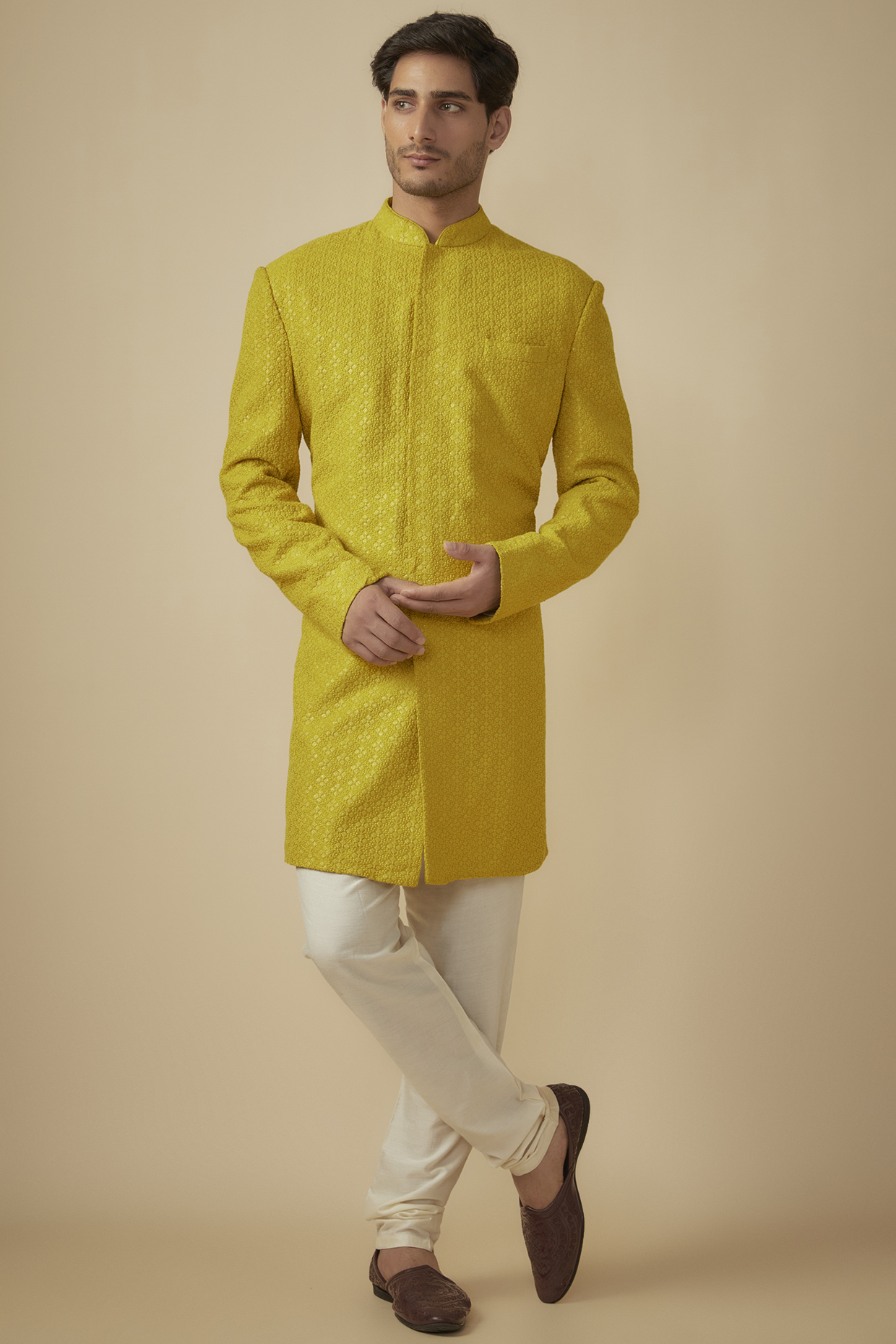 Mustard Yellow Silk Sequins Embroidered Sherwani Set by SVEN SUITS