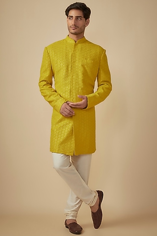 Mustard Yellow Silk Sequins Embroidered Sherwani Set by SVEN SUITS