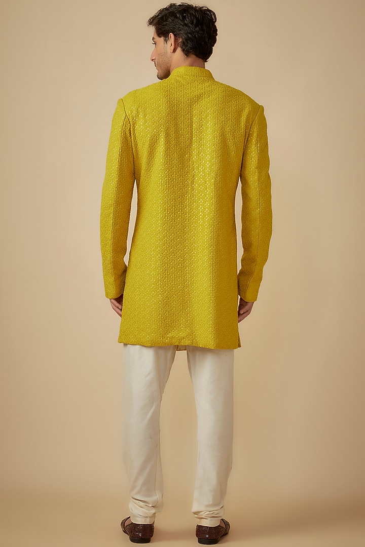 Mustard Yellow Silk Sequins Embroidered Wedding Sherwani Set by SVEN SUITS at Pernia's Pop Up Shop