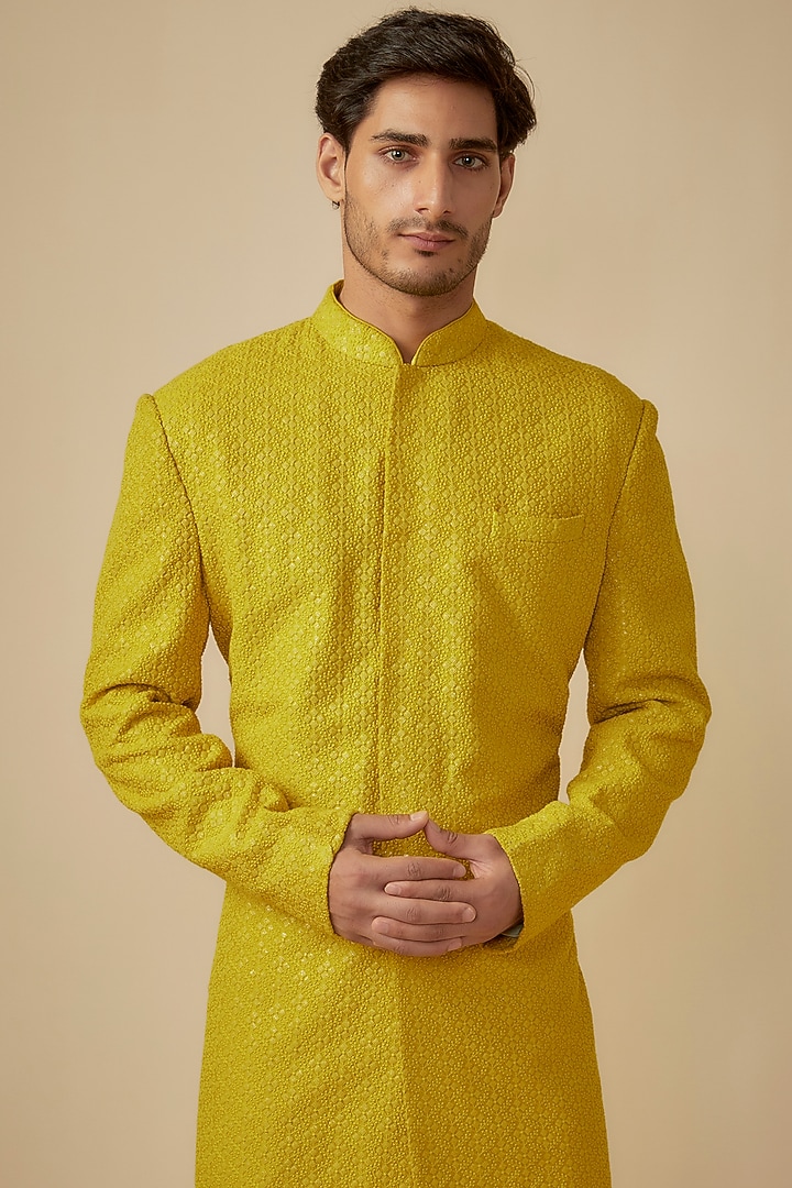Mustard Yellow Silk Sequins Embroidered Wedding Sherwani Set by SVEN SUITS at Pernia's Pop Up Shop
