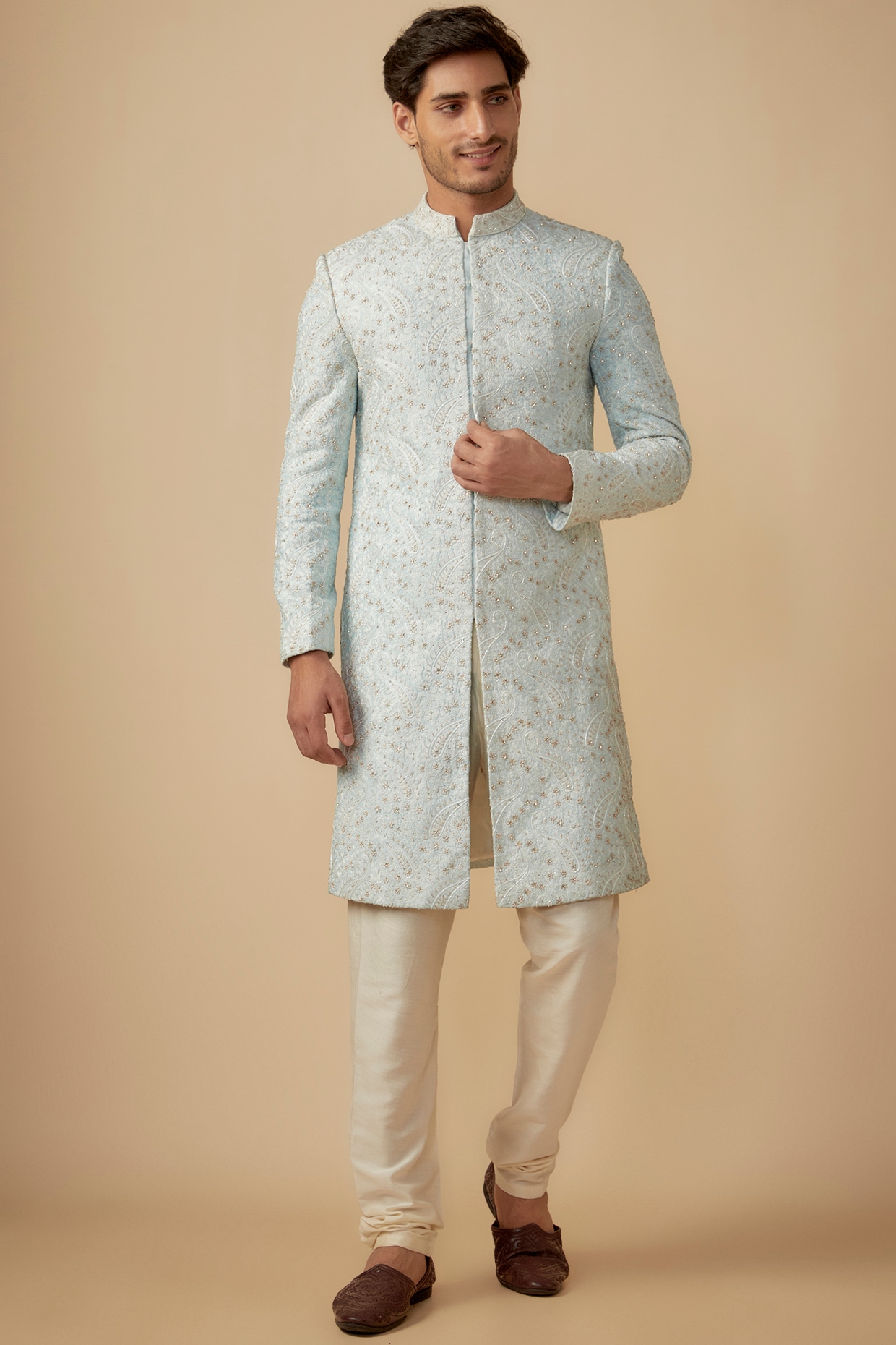 SVEN SUITS Pastel Blue Silk Cutdana Embroidered Sherwani Set