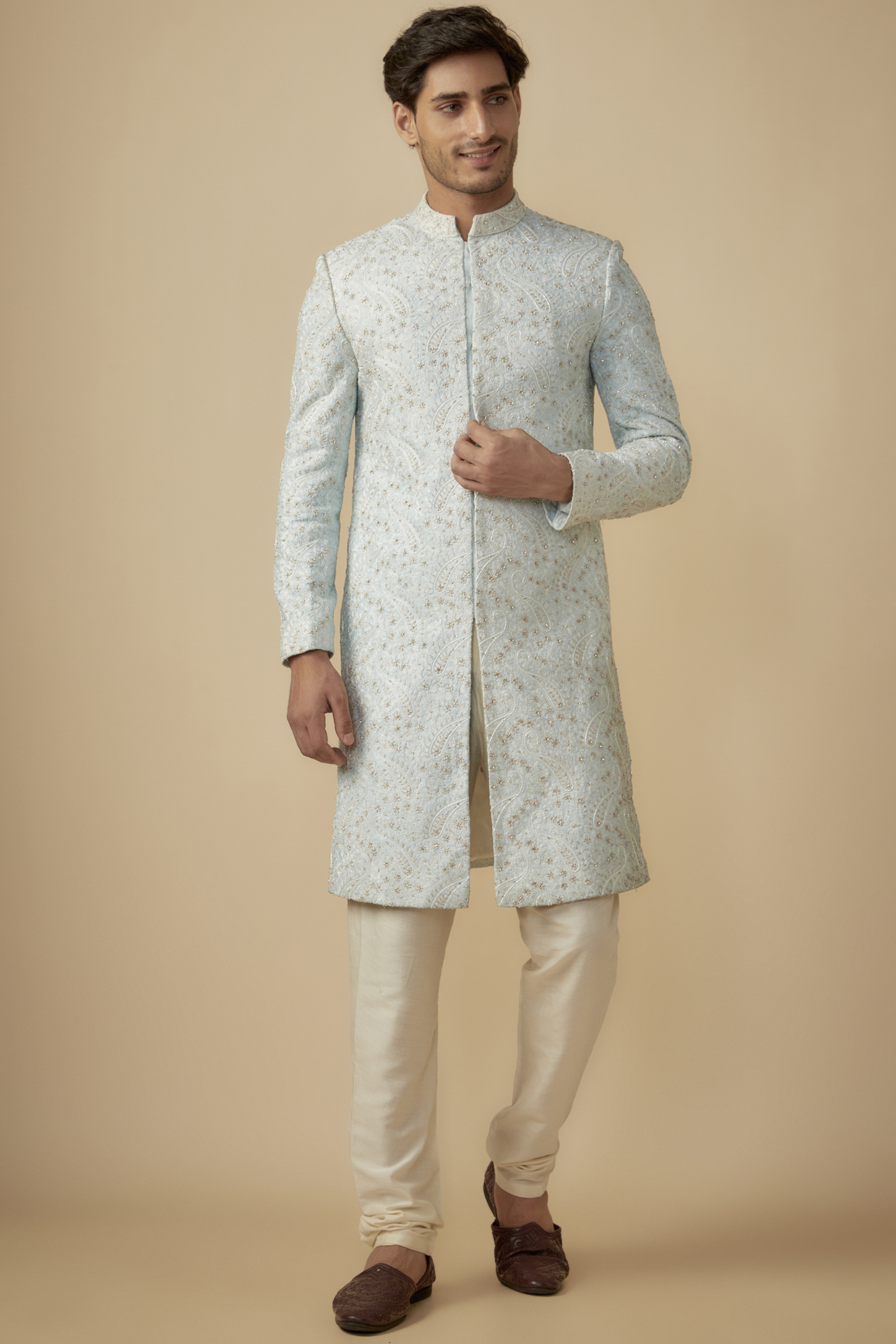 Pastel Blue Silk Cutdana Embroidered Sherwani Set by SVEN SUITS
