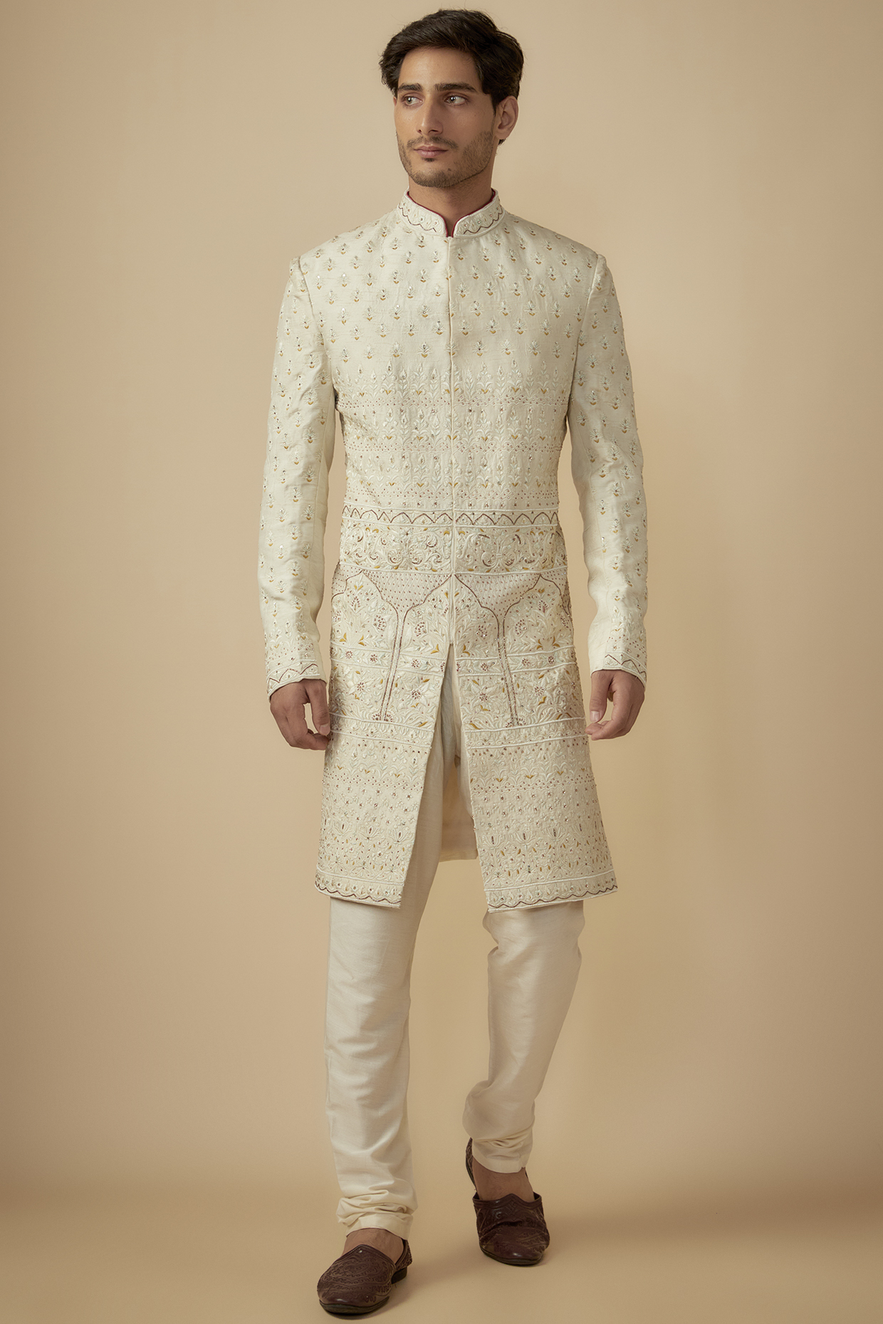 Cream Silk Jaal Hand Embroidered Wedding Sherwani Set by SVEN SUITS at Pernia's Pop Up Shop