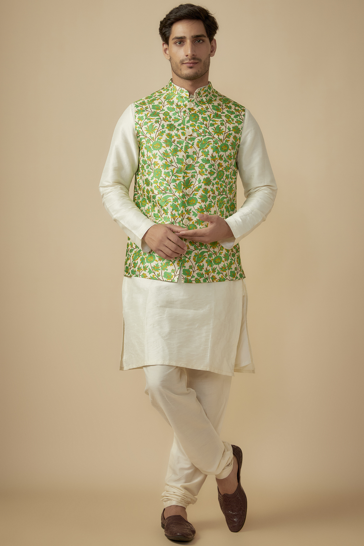 Apple Green Silk Printed Bundi Jacket Set by SVEN SUITS
