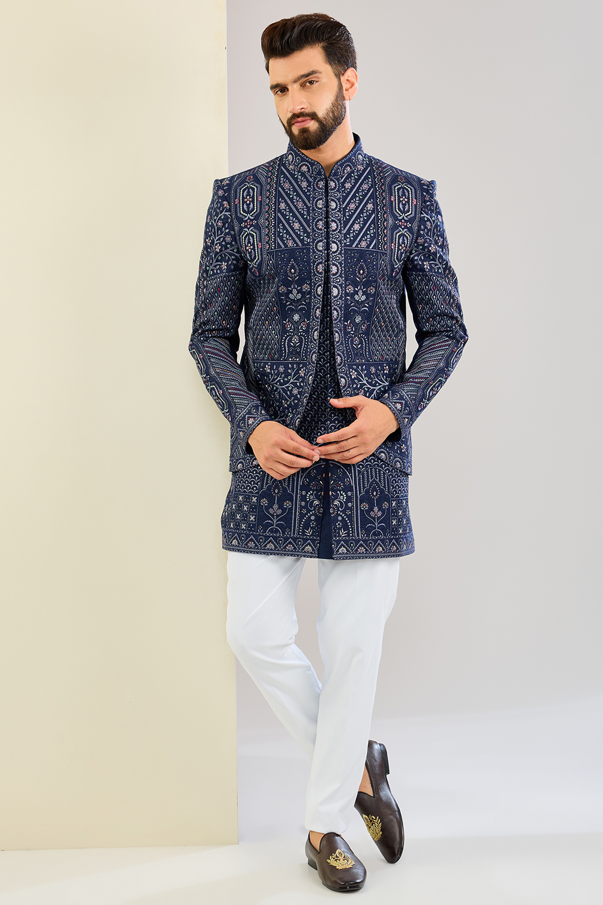 Blue Polyester Viscose Thread Embroidered Indowestern Set by SVEN SUITS at Pernia's Pop Up Shop