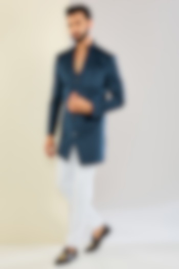 Blue Velvet Printed Wedding Indowestern Set by SVEN SUITS at Pernia's Pop Up Shop