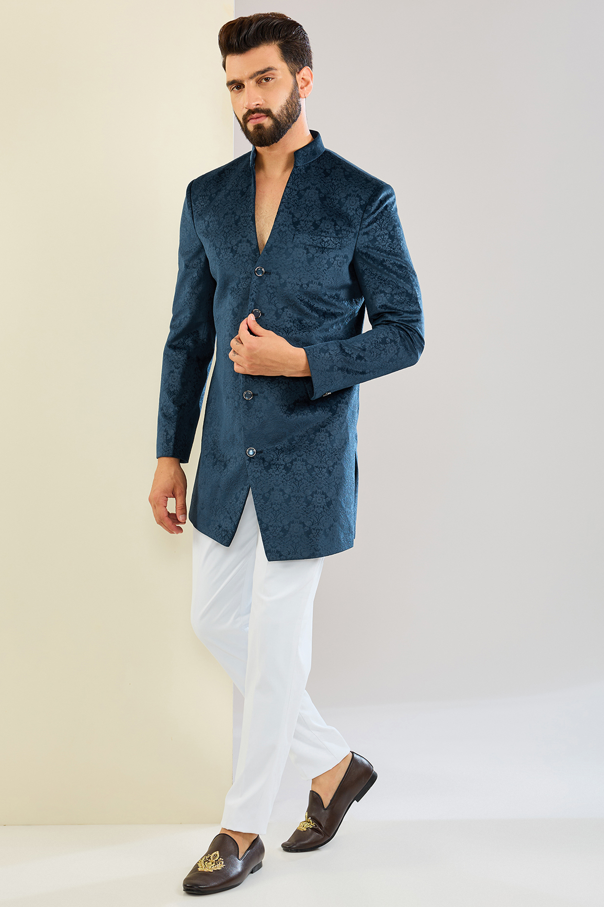 Blue Velvet Printed Wedding Indowestern Set by SVEN SUITS at Pernia's Pop Up Shop