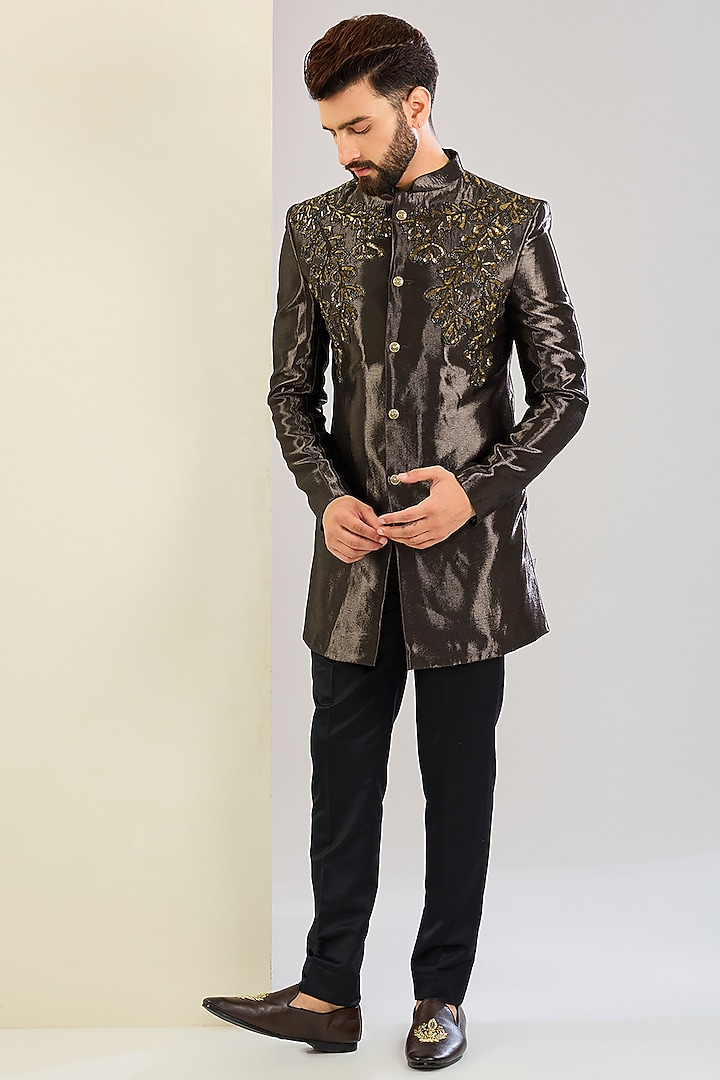 Brown Polyester Viscose Hand Embroidered Wedding Indowestern Set by SVEN SUITS at Pernia's Pop Up Shop