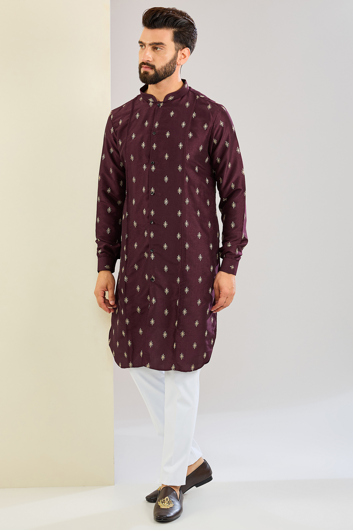 Wine Polyester Silk Motif Thread Embroidered Kurta Set by SVEN SUITS at Pernia's Pop Up Shop