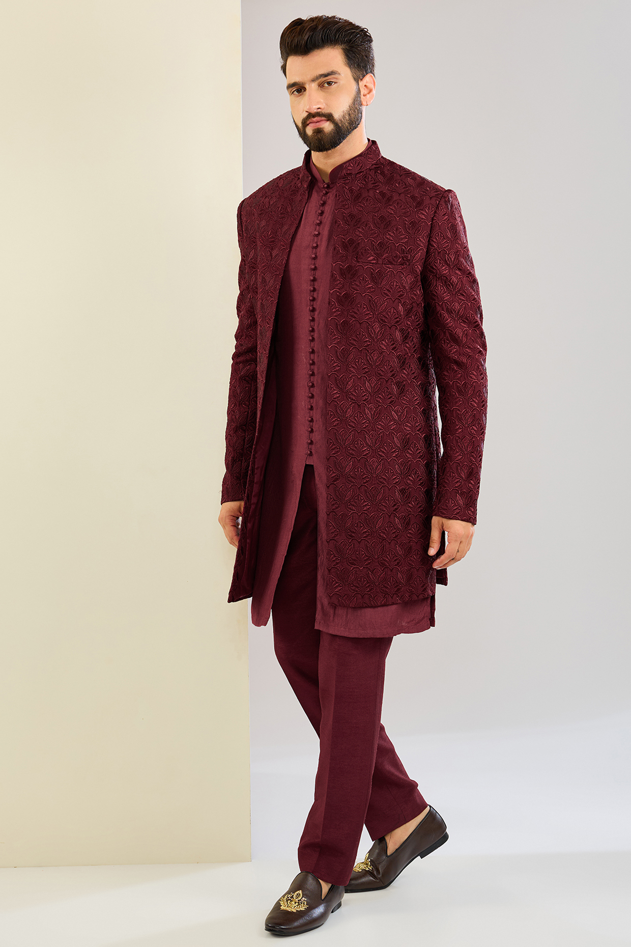Wine Silk Motif Machine Embroidered Open Wedding Indowestern Set by SVEN SUITS at Pernia's Pop Up Shop