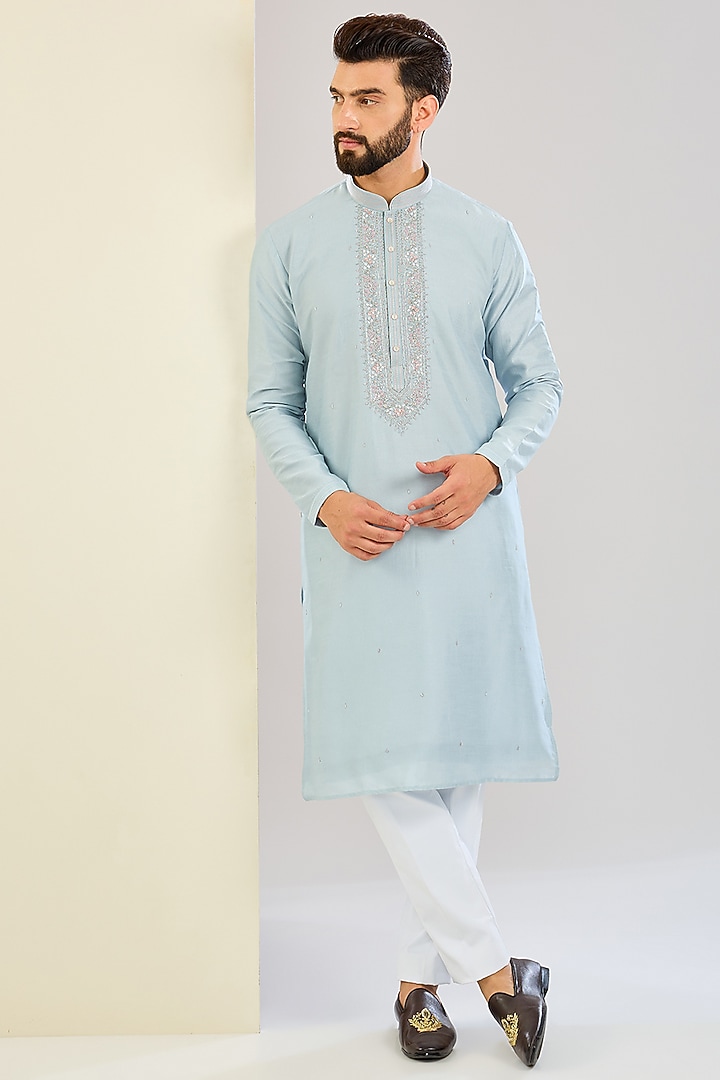 Sky Blue Silk Hand & Machine Embroidered Kurta Set by SVEN SUITS at Pernia's Pop Up Shop