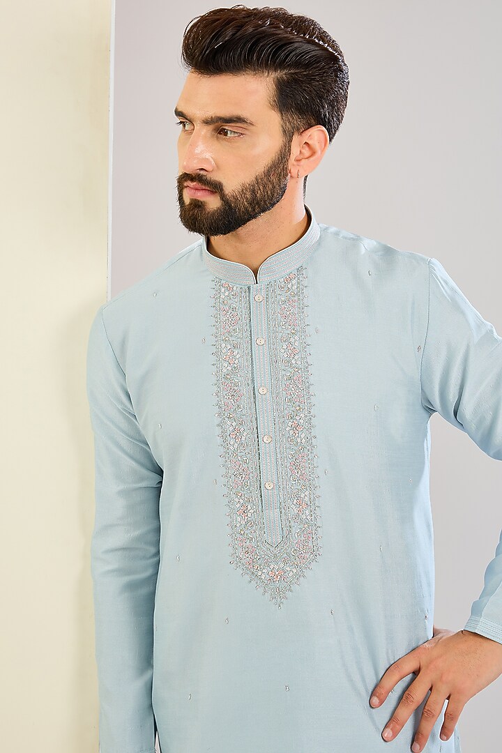 Sky Blue Silk Hand & Machine Embroidered Kurta Set by SVEN SUITS at Pernia's Pop Up Shop