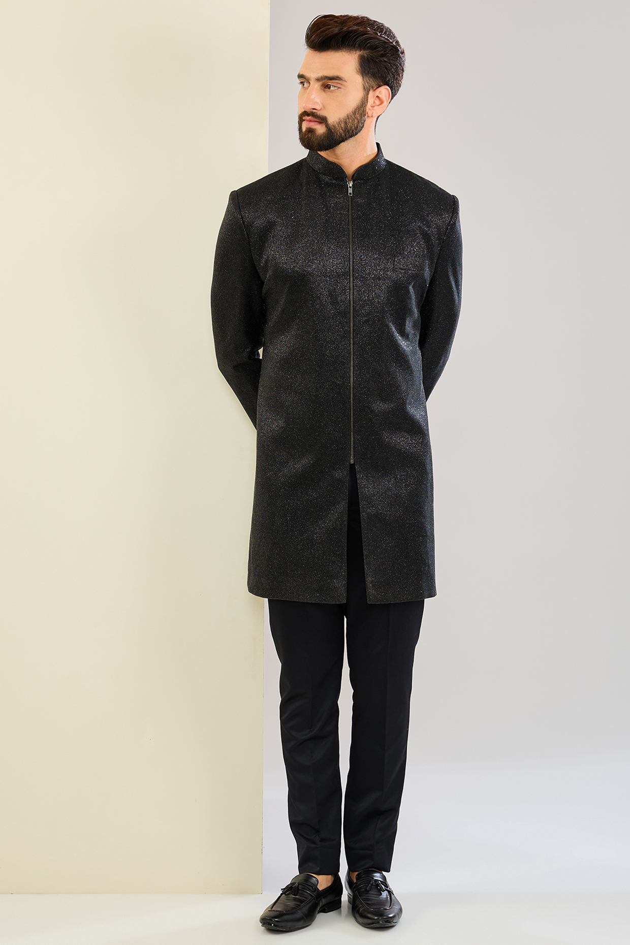 Black Polyester Lycra Machine Embroidered Indowestern Set by SVEN SUITS at Pernia's Pop Up Shop