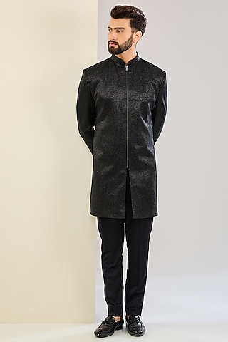 Black Polyester Lycra Machine Embroidered Indowestern Set by SVEN SUITS