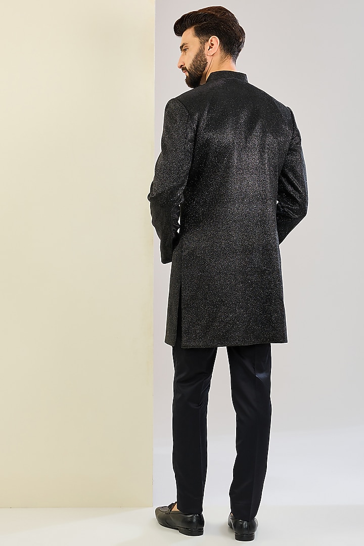 Black Polyester Lycra Machine Embroidered Wedding Indowestern Set by SVEN SUITS at Pernia's Pop Up Shop