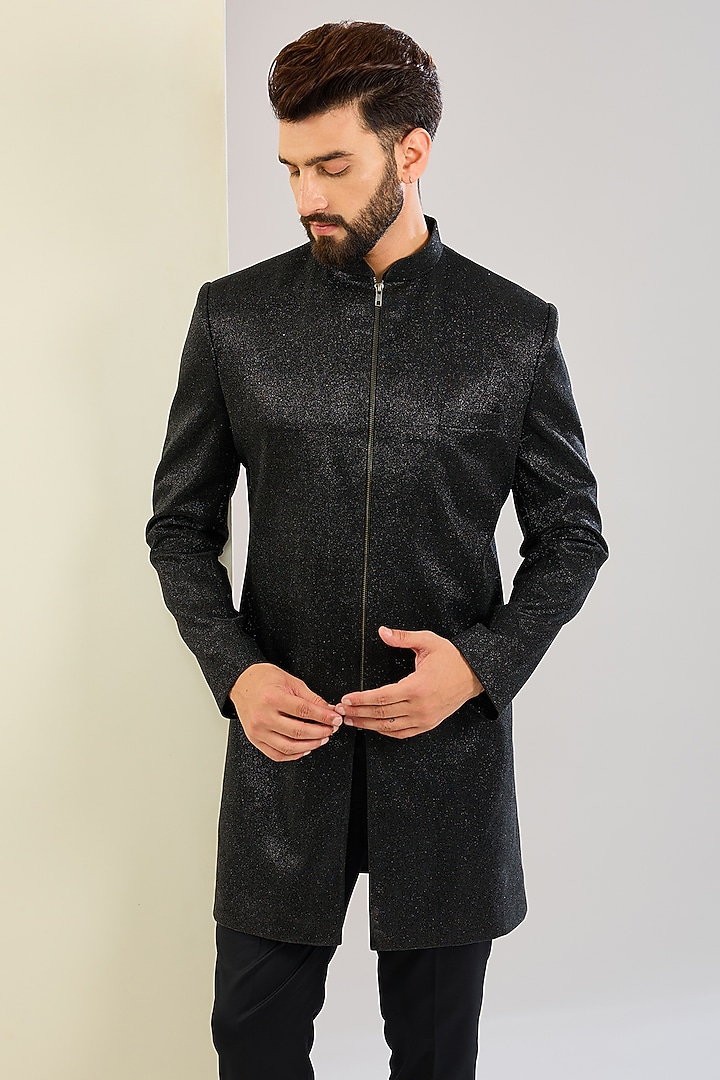 Black Polyester Lycra Machine Embroidered Wedding Indowestern Set by SVEN SUITS at Pernia's Pop Up Shop