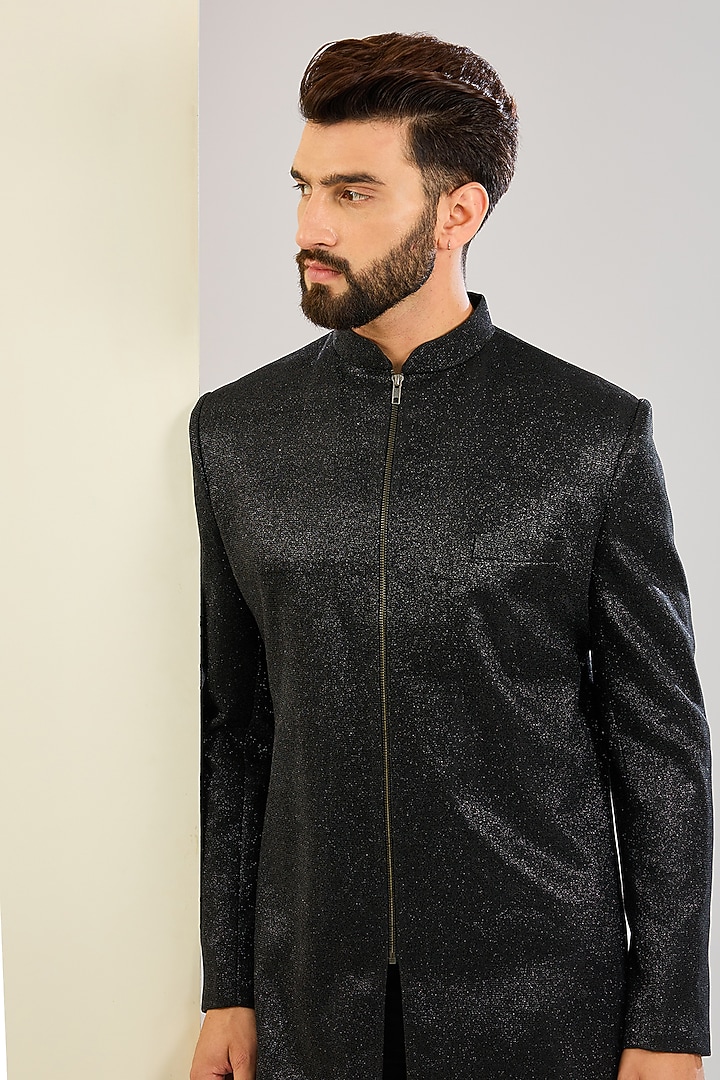 Black Polyester Lycra Machine Embroidered Wedding Indowestern Set by SVEN SUITS at Pernia's Pop Up Shop
