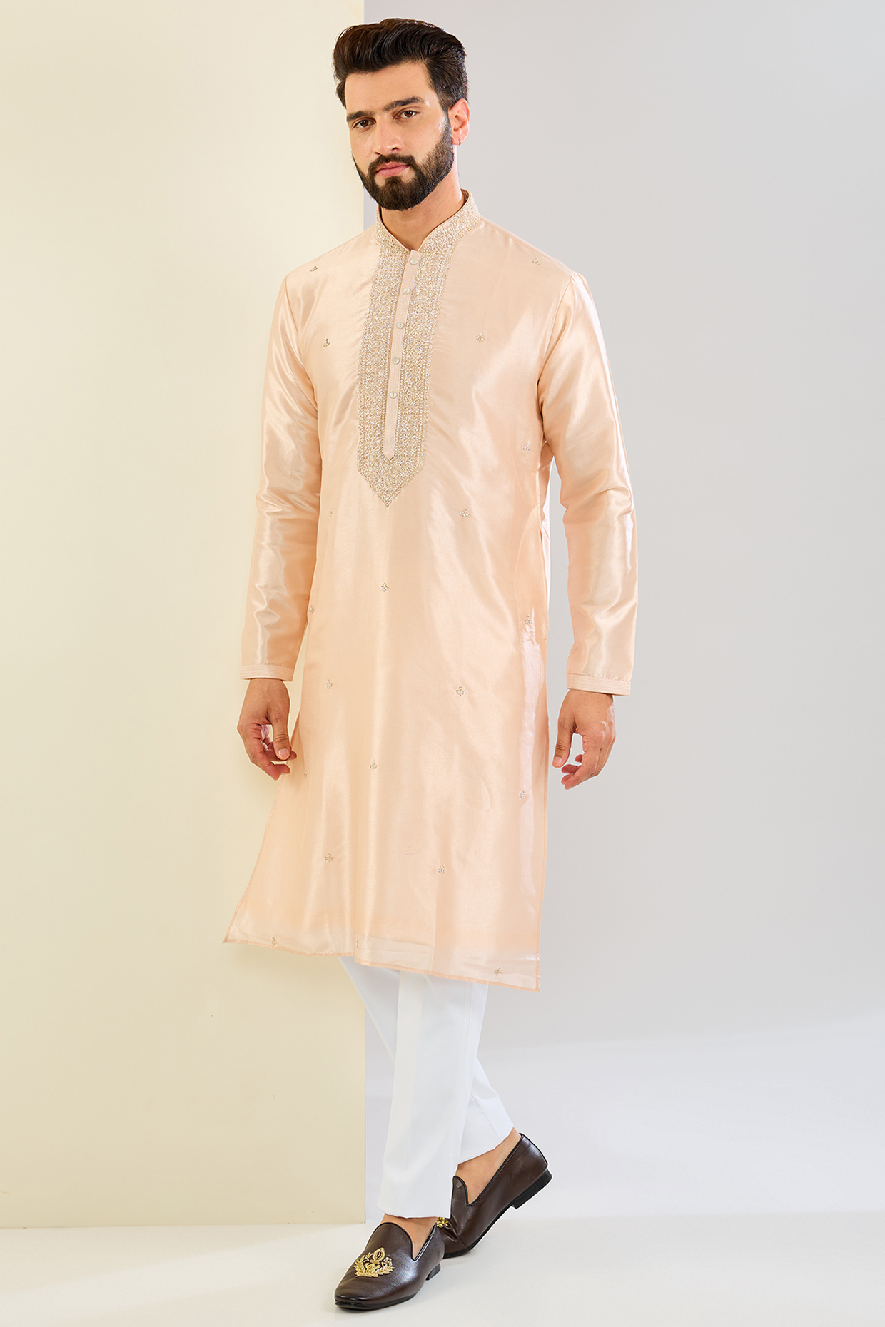 Peach Silk Hand & Machine Embroidered Kurta Set by SVEN SUITS