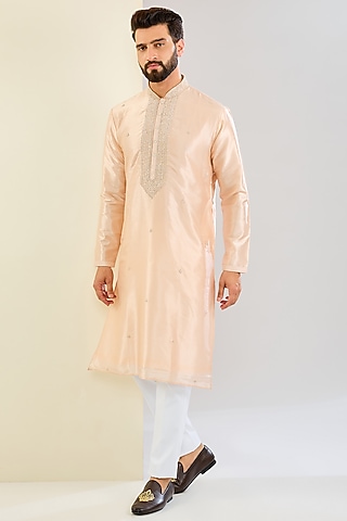 Peach Silk Hand & Machine Embroidered Kurta Set by SVEN SUITS