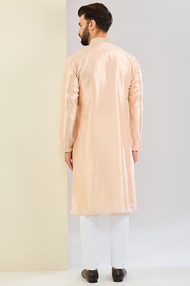 Peach Silk Hand & Machine Embroidered Kurta Set by SVEN SUITS at Pernia's Pop Up Shop